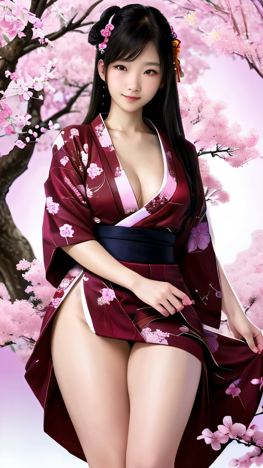 A gorgeous sexy 23-year-old geisha with flowing flowing hair loose, (photorealistic:photorealistic, 8K masterpiece), short black and white curt kimono with bright neon flower details, sitting under a futuristic tree trunk (science fiction) with a bright full moon behind (hyperrealistic:realistic intricate details), smiling: sensual features, (texture and well-detailed ambience perfect lighting).