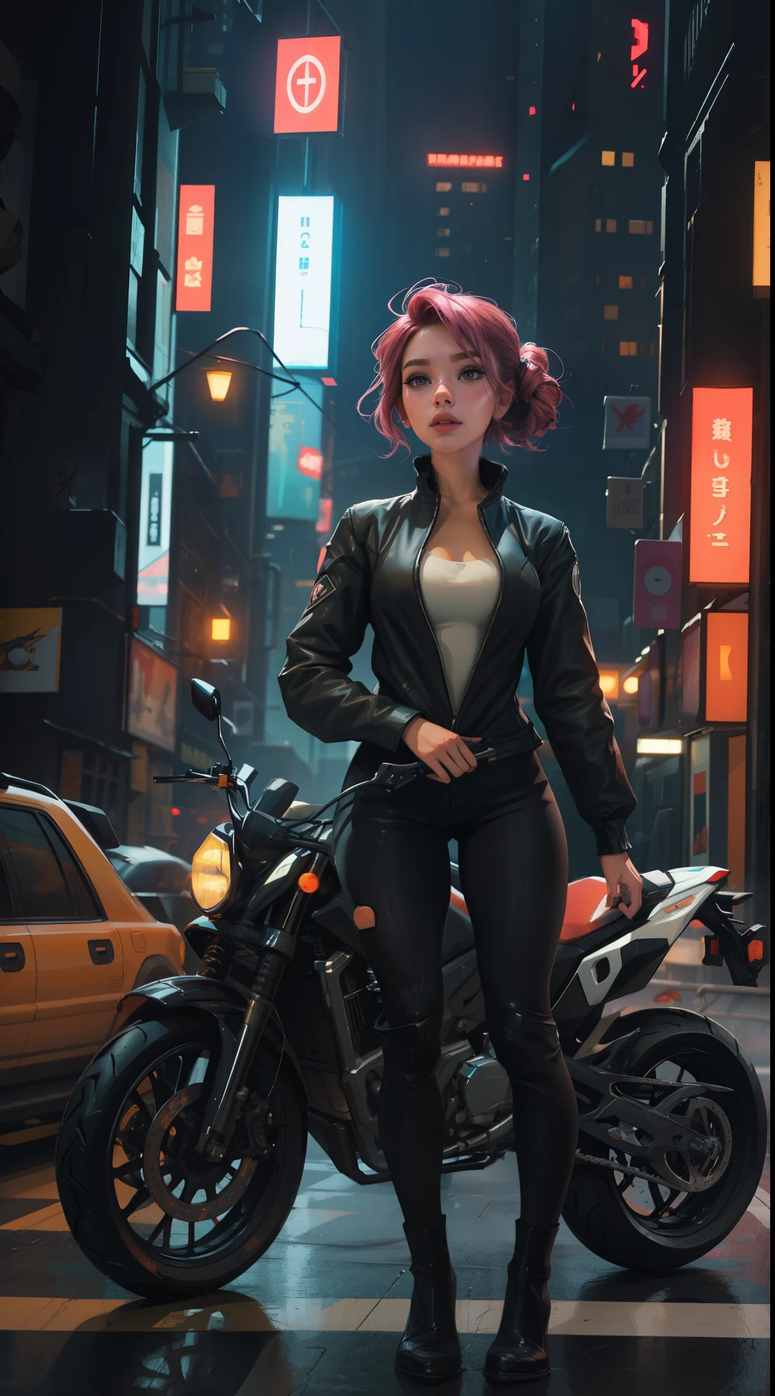 masterpiece, best quality, Confident cyberpunk girl, full body shot, ((standing in front of motorcycle)), Harajuku-inspired pop outfit, bold colors and patterns, eye-catching accessories, trendy and innovative hairstyle, vibrant makeup, Cyberpunk dazzling cityscape, skyscrapers, neon signs, LED lights, bright and vivid color scheme, anime, illustration, detailed skin texture, detailed cloth texture, beautiful detailed face, intricate details, ultra detailed
