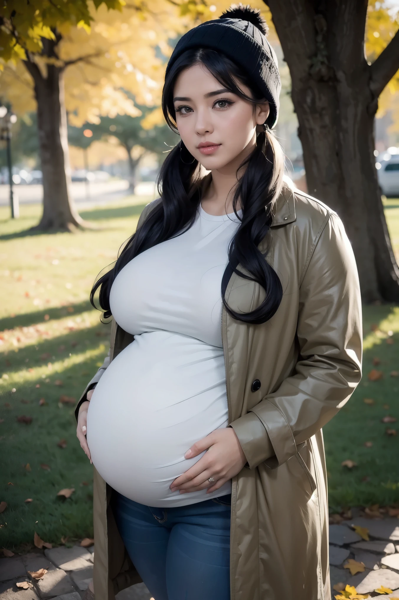 Beautiful sensual woman with a curvy body, black hair, bangs, twintail, widest waist, fitting breasts, huge pregnant, pregnant with triplets, 40 weeks pregnant, overdue pregnant, curvy accentuated booty, olive-green eyes, long eyelashes, thick thighs, Strong calves, smirk, taniaayusiregar, She wears a Coat, jeans, belt, beanie, colors are yellow white black, she waits in a park, photorealistic, Masterpiece, bokeh, Volumetric lighting, Fall season atmosphere, close up shot
