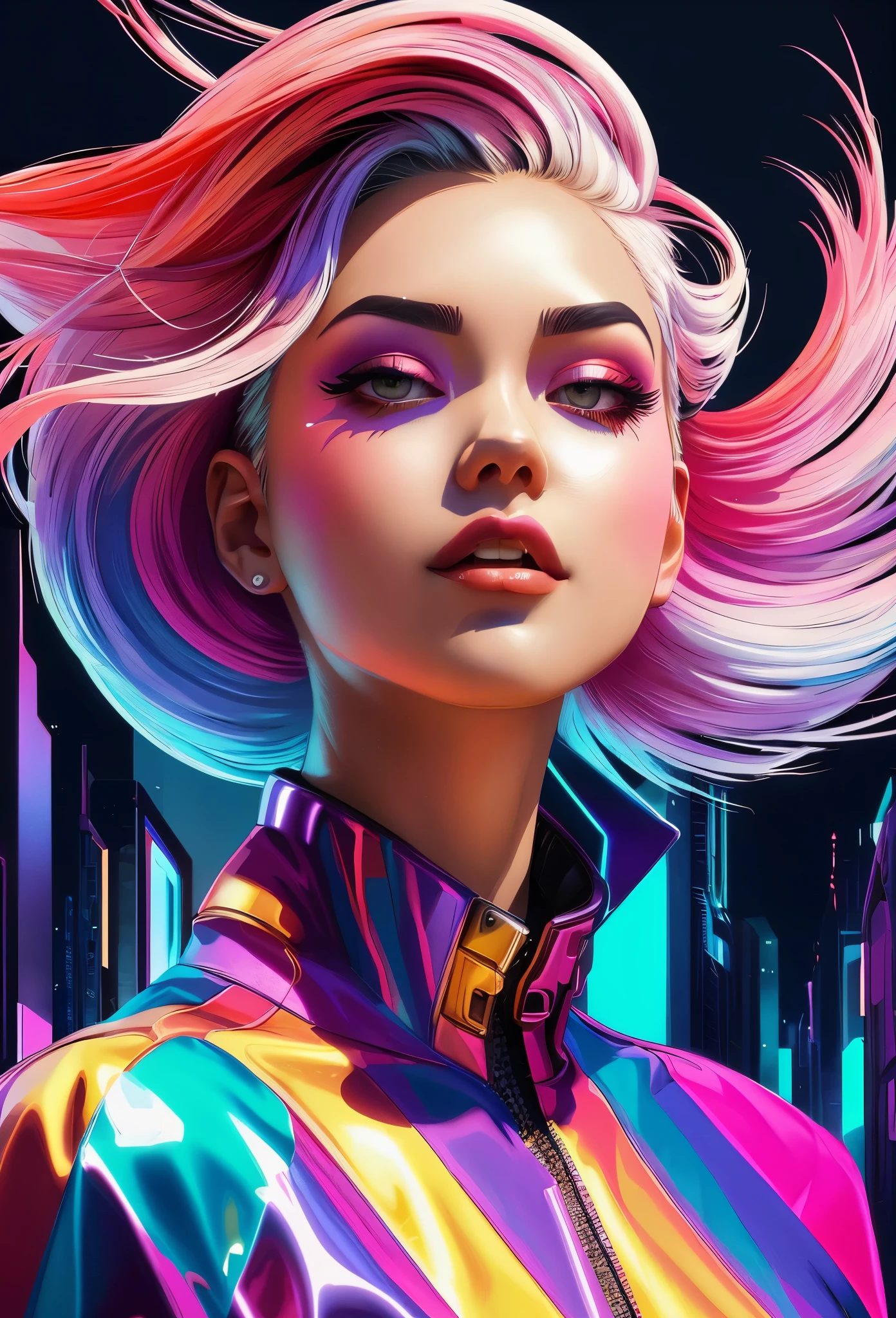 una mujer con cabello rosado y una chaqueta colorida, colores vibrantes ciberpunk, estilo de arte futurista, estilo de arte ciberpunk, dreamy colorful Colores cyberpunk, Color de estilo cyberpunk, pintura digital brillante, Sombreado futurista pero colorido, hermosa obra de arte digital, rossdraws dibujos animados vibrantes, rossdraws pastel vibrante, awesome digital illustration, obra de arte digital 4k, Colores cyberpunk, beeple style hybrid mix