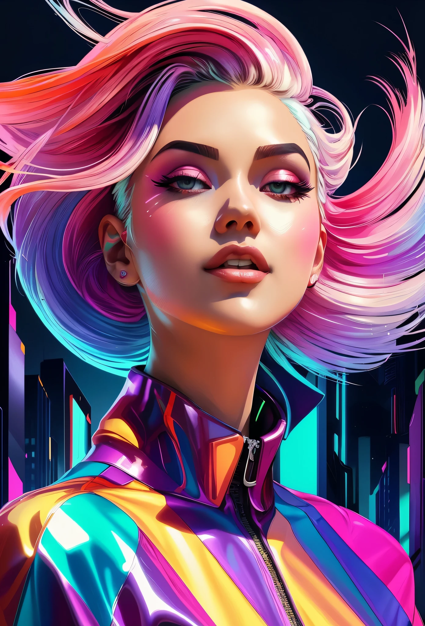 una mujer con cabello rosado y una chaqueta colorida, colores vibrantes ciberpunk, estilo de arte futurista, estilo de arte ciberpunk, dreamy colorful Colores cyberpunk, Color de estilo cyberpunk, pintura digital brillante, Sombreado futurista pero colorido, hermosa obra de arte digital, rossdraws dibujos animados vibrantes, rossdraws pastel vibrante, awesome digital illustration, obra de arte digital 4k, Colores cyberpunk, beeple style hybrid mix