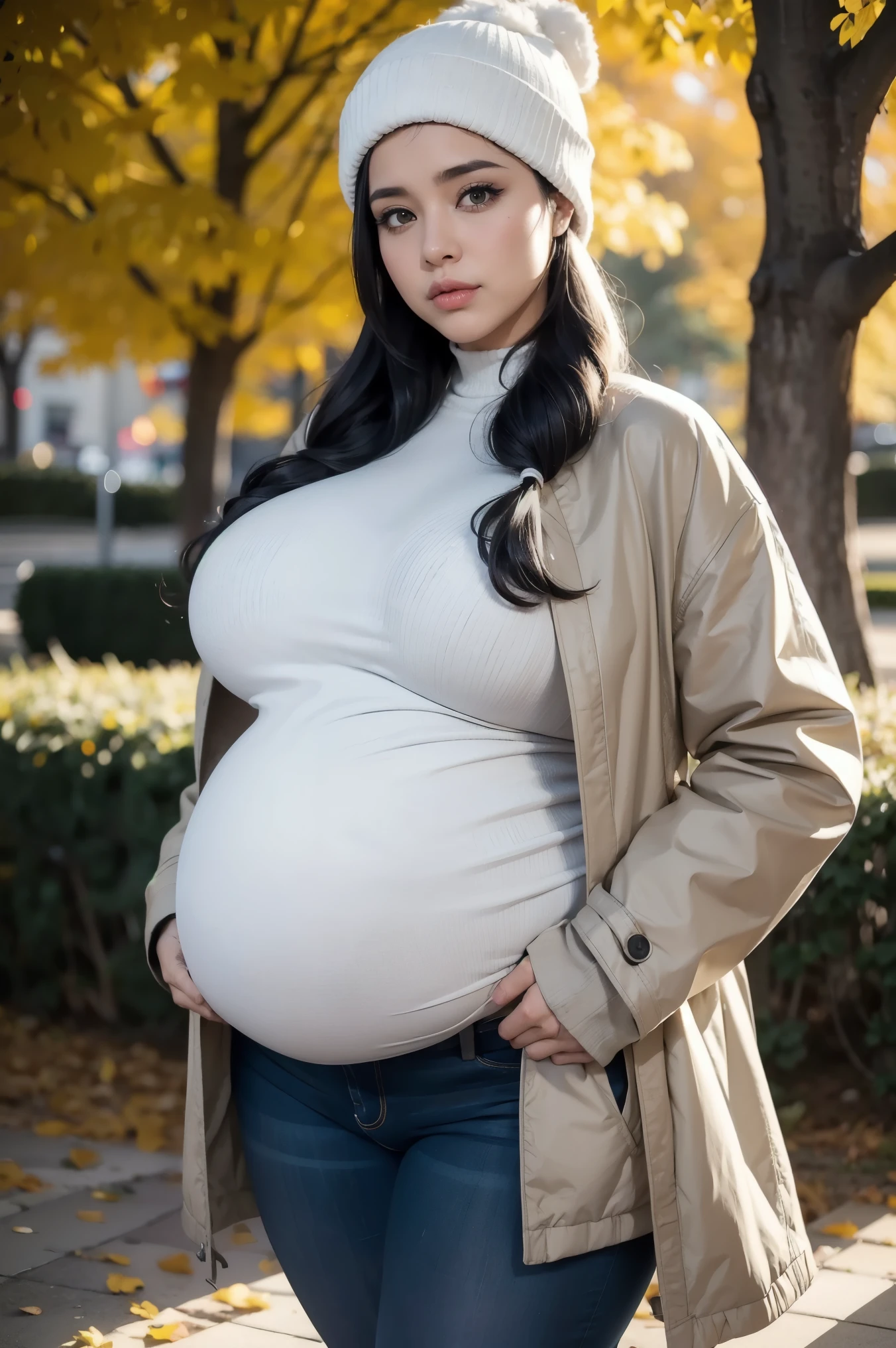 Beautiful sensual woman with a curvy body, black hair, bangs, twintail, widest waist, fitting breasts, huge pregnant, pregnant with triplets, 40 weeks pregnant, overdue pregnant, curvy accentuated booty, olive-green eyes, long eyelashes, thick thighs, Strong calves, smirk, taniaayusiregar, She wears a Coat, jeans, belt, beanie, colors are yellow white black, she waits in a park, photorealistic, Masterpiece, bokeh, Volumetric lighting, Fall season atmosphere, close up shot