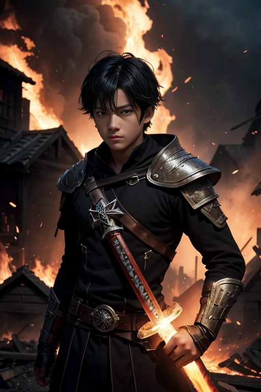 Character Kentarion , boy, black hair, fire sword, setting: village destroyed, houses on fire. black creatures, shadow specters, amber eyes, Conceptual art, cinematic lighting, drop shadow, diffraction spikes, Ultra-Wide Angle, Hasselblad, UHD, masterpiece, anatomically correct, 1080P, 4K, 8k, best quality