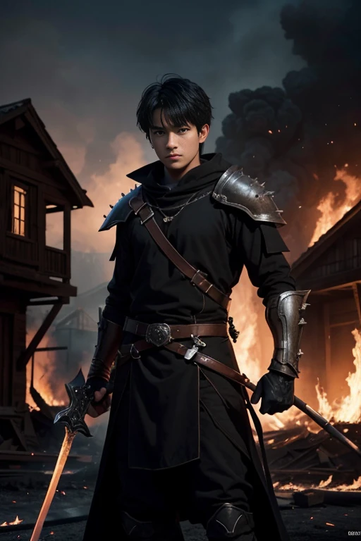 Character Kentarion , boy, black hair, fire sword, setting: village destroyed, houses on fire. black creatures, shadow specters, amber eyes, Conceptual art, cinematic lighting, drop shadow, diffraction spikes, Ultra-Wide Angle, Hasselblad, UHD, masterpiece, anatomically correct, 1080P, 4K, 8k, best quality