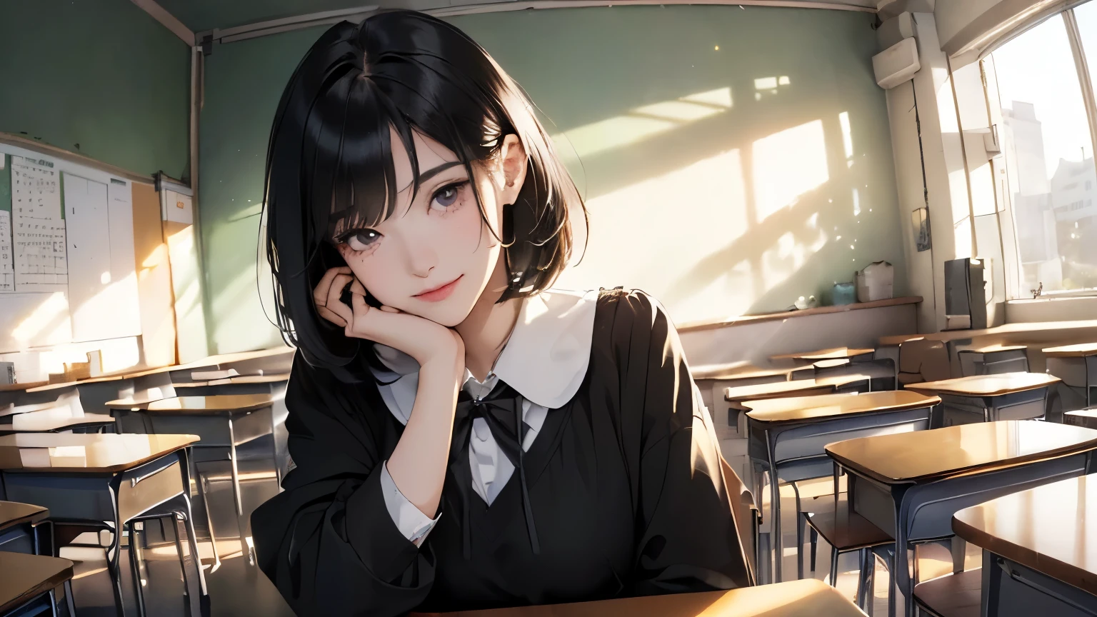 (((Highly detailed CG unit 8k wallpaper:1.2, masterpiece, High resolution:1.2, highest quality:1.2, table top))), ((very beautiful woman, A new teacher at school who seems kind:1.6)), ((highly detailed face, Highly detailed black eyes, extra detailed body, highest qualityのリアルテクスチャスキン)), (black haired:1.2, Short Bob Hair:1.2, long haired person, white skin, smile), ((Alley without people, Mileland, In the classroom of the school:1.2)), (high angle:1.2, Close-up, Fisheye:1.1), surreal, digital paint,