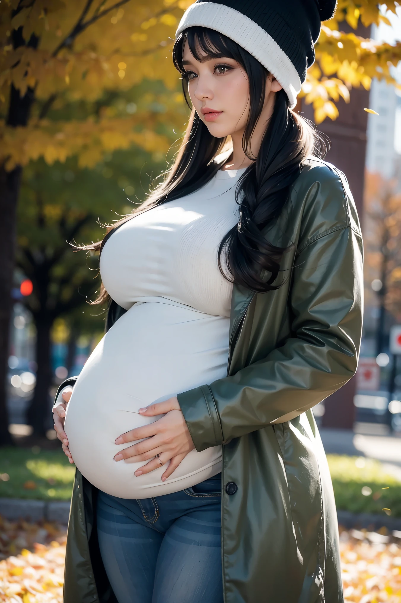Beautiful sensual woman with a curvy body, black hair, bangs, twintail, widest waist, fitting breasts, huge pregnant, pregnant with triplets, 40 weeks pregnant, overdue pregnant, curvy accentuated booty, olive-green eyes, long eyelashes, thick thighs, Strong calves, smirk, taniaayusiregar, She wears a Coat, jeans, belt, beanie, colors are yellow white black, she waits in a park, photorealistic, Masterpiece, bokeh, Volumetric lighting, Fall season atmosphere, close up shot