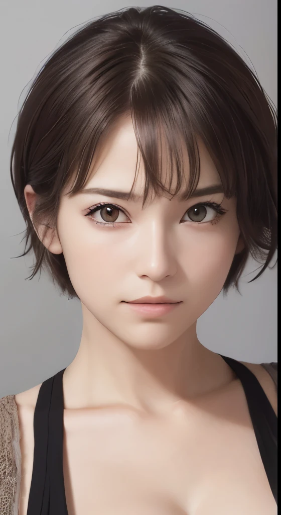 (masutepiece、highest quality、photorealistic、High resolution、photograph、:1.3)、Very close-up shot、sharp focus、30 year old mature woman、small face、no makeup、A well-formed and beautiful face、short hair、dark brown hair、Detailed beautiful eyes、Bust B Cup、exposed cleavage、、cool pose、gray background、