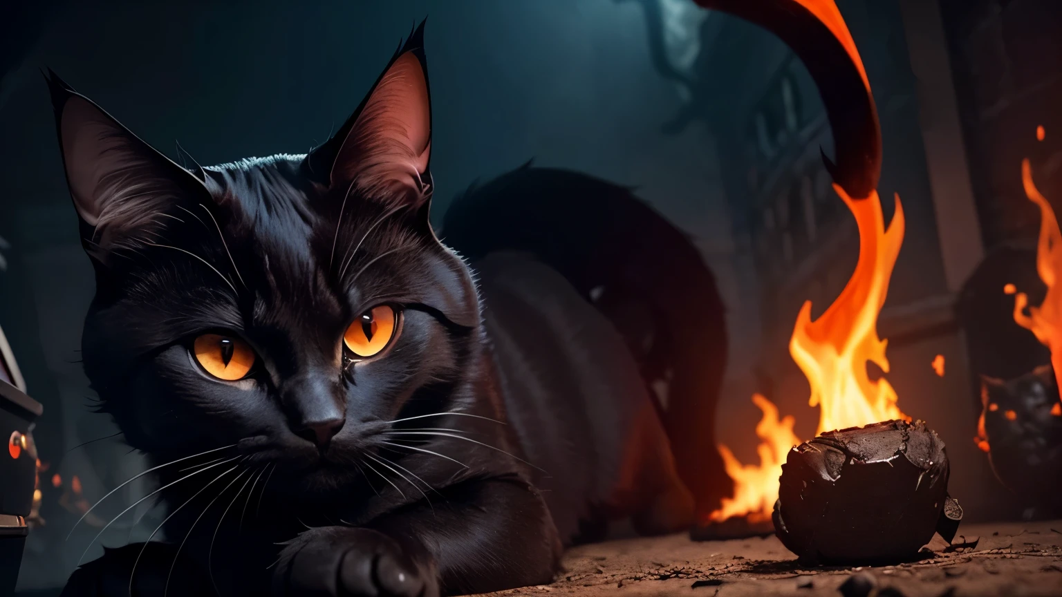 Generate an image of a demonic cat in the backdrop of hell. The cat should possess unique features, including demon wings and be adorned with glasses. Its form should be a blend of a cat and a human body, maintaining distinct demonic traits. Emphasize the infernal environment with shades of red, orange, and black. Ensure to capture the sinister essence of the demonic cat and its distinctive presence in the underworld.