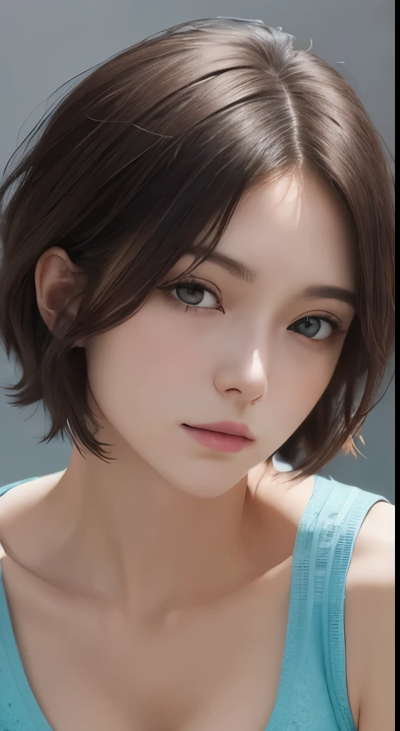 (masutepiece、highest quality、photorealistic、High resolution、photograph、:1.3)、Very close-up shot、sharp focus、30 year old mature woman、small face、no makeup、A well-formed and beautiful face、short hair、dark brown hair、Detailed beautiful eyes、Bust B Cup、exposed cleavage、、cool pose、gray background、