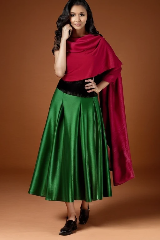 Female, 1920s brown skirt, tan jacket, red scarf, dress, 5 foot 5 inches tall, slim body build, waist-length wavy brunette black hair, EYES bright green, 28 age, ethnicity Indian, ethnicity Middle Eastern.