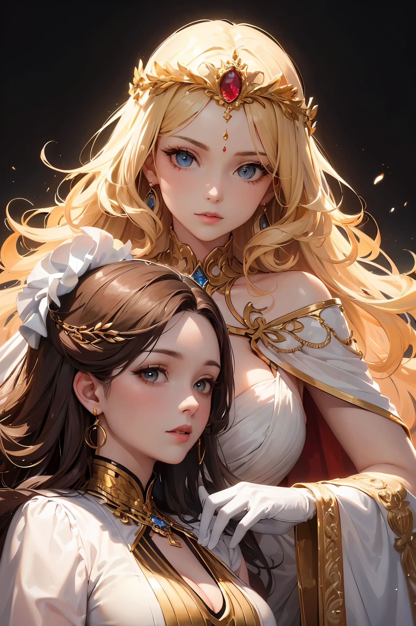 2 women aligned, smile, jewel, gorgeous, splendid, luxurious, (golden), goddess, motherhood, queen, drill hair, (forehead), saints, mature women, embroidery, cape, white dress and gloves, gleaming skin, detailed pupils, perfect eyes, perfect face, (((face focus))), Simple Background, masterpiece, official, best quality, high resolution, all intricate,