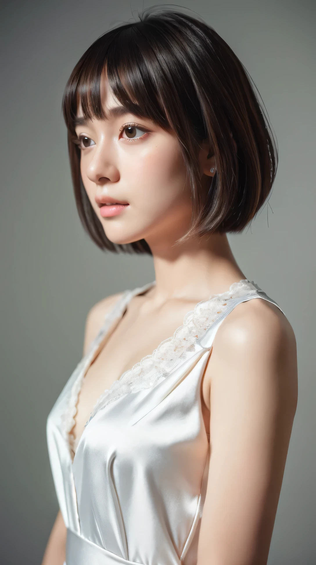 (masterpiece, highest quality, RAW photo, realistic:1.2), 1 girl, look away, sad, beautiful girl, cute, delicate girl, short hair, written boundary depth, High resolution, Super detailed, detailed, 非常にdetailedな目と顔, realistic student, sharp focus, cinematic lighting, Upper body, bangs, Silk Dress Shirt,