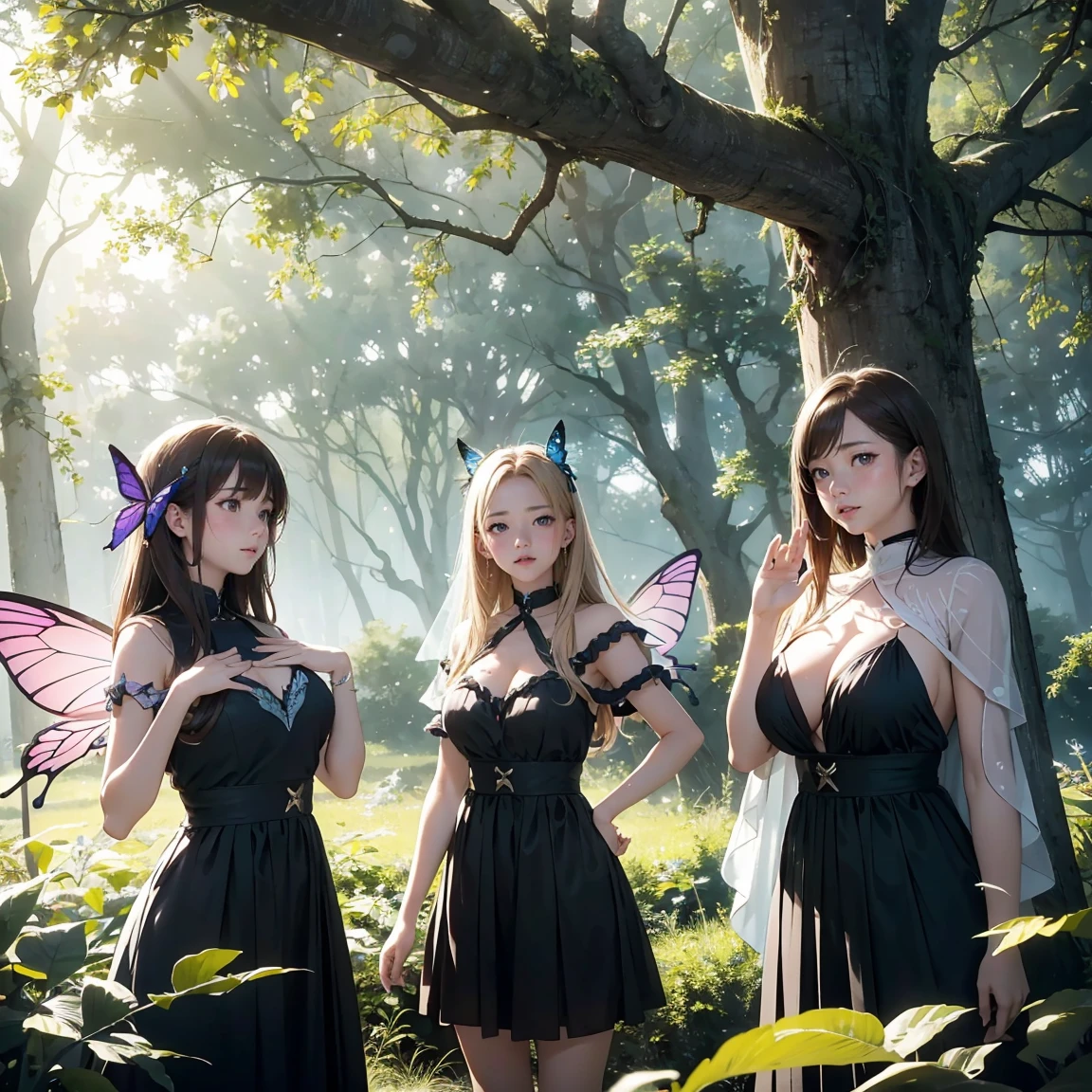 ((masterpiece)), ((highest quality)), (ultra high resolution,8K),(Ultra high fine mesh,4K), (Highly detailed CG integrated 8k wallpaper), (perfect anatomy,anatomically accurate), (Angle from above), (((Big breasted three sisters fairy with sexy charm standing on a high tree branch))), (((Faithfully reproduced three big-breasted sisters fairies))), (stand on a high tree branch:1.5), beautiful butterfly in flight, (Surprised gesture:1.4), ((whole body)), (brown hair +1.2), blonde hair, (short bangs), (dynamic composition), High definition beauty face, (more beautiful blue eyes), (open your mouth), (wet body)), shiny skin, fine skin, thin hair, background, (Butterflies flying around a woman), (starry sky), forest, Pillar of Light, moonlight, Sparkling, (midnight, darkness), Shining six-pointed star