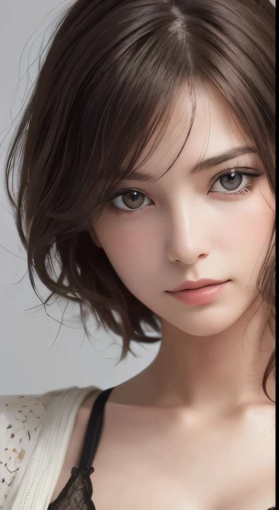 (masutepiece、highest quality、photorealistic、High resolution、photograph、:1.3)、Very close-up shot、sharp focus、30 year old mature woman、small face、no makeup、A well-formed and beautiful face、short hair、dark brown hair、Detailed beautiful eyes、Bust B Cup、exposed cleavage、、cool pose、gray background、