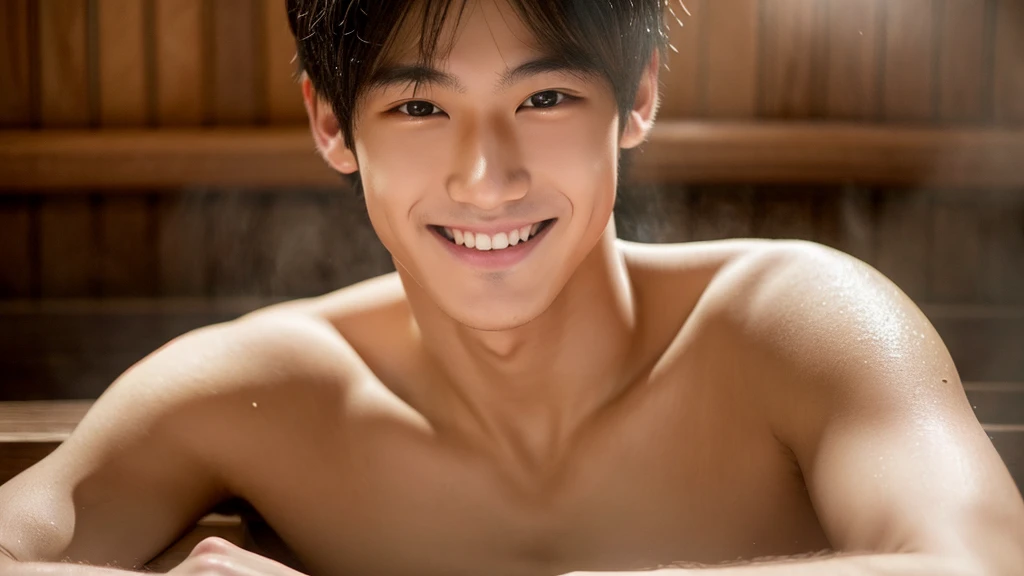 1 man、high school 、beautiful skin、Japanese、naked、sauna、Japan&#39;s coolness、high quality、(upscale:1.4)、ultra realistic 8k、masterpiece、professional artwork、Handsome guy、beautiful eyes、smile、Ultra realistic 4K、best image quality