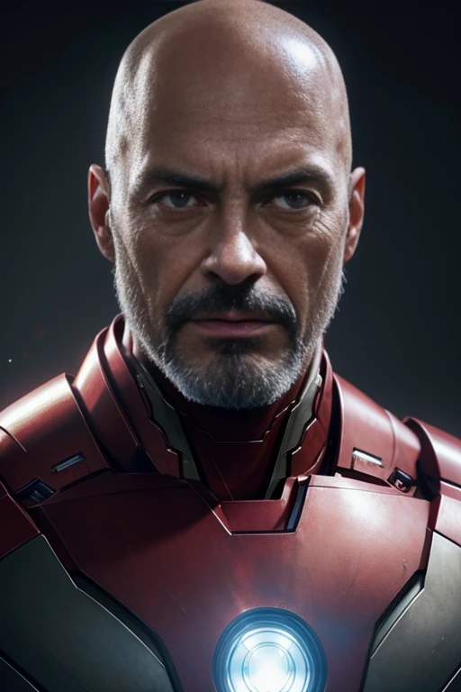 marvel, bald iron man, 50s, realistically, dynamic lights, old man, bald, short gray beard, full shot, (extremely detailed 8k CG unit wallpaper), trending on ArtStation, trending on CGSociety, high detail, focus sharp, dramatic, photorealistic