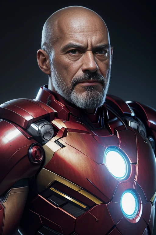 marvel, bald iron man, 50s, realistically, dynamic lights, old man, bald, short gray beard, full shot, (extremely detailed 8k CG unit wallpaper), trending on ArtStation, trending on CGSociety, high detail, focus sharp, dramatic, photorealistic