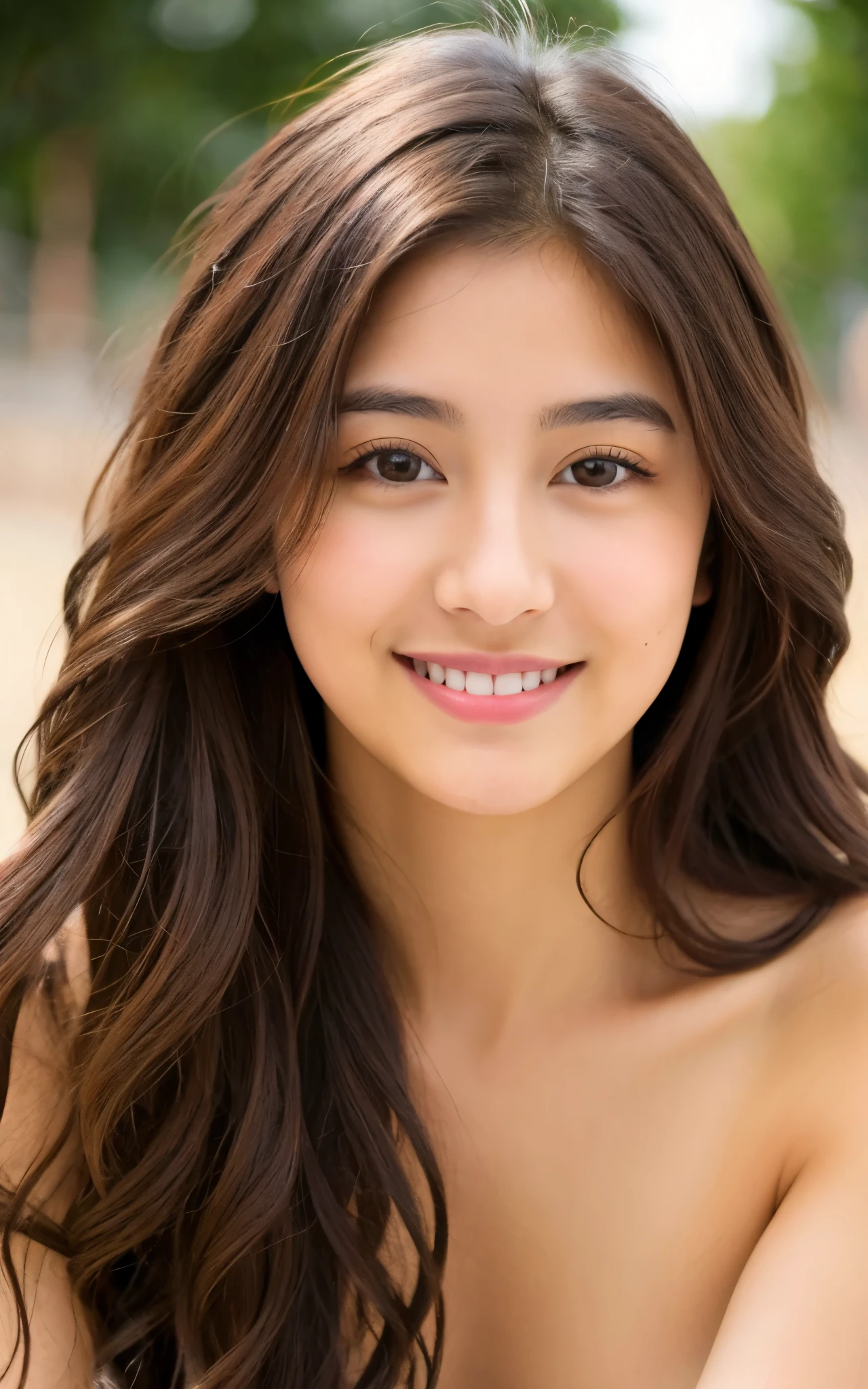 1 mexican girl, Long Wavy Hair, dark brown eyes, teen, nude, smiling