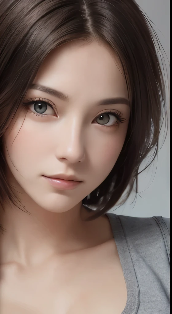 (masutepiece、highest quality、photorealistic、High resolution、photograph、:1.3)、Very close-up shot、sharp focus、30 year old mature woman、small face、no makeup、A well-formed and beautiful face、short hair、dark brown hair、Detailed beautiful eyes、Bust B Cup、exposed cleavage、、cool pose、gray background、