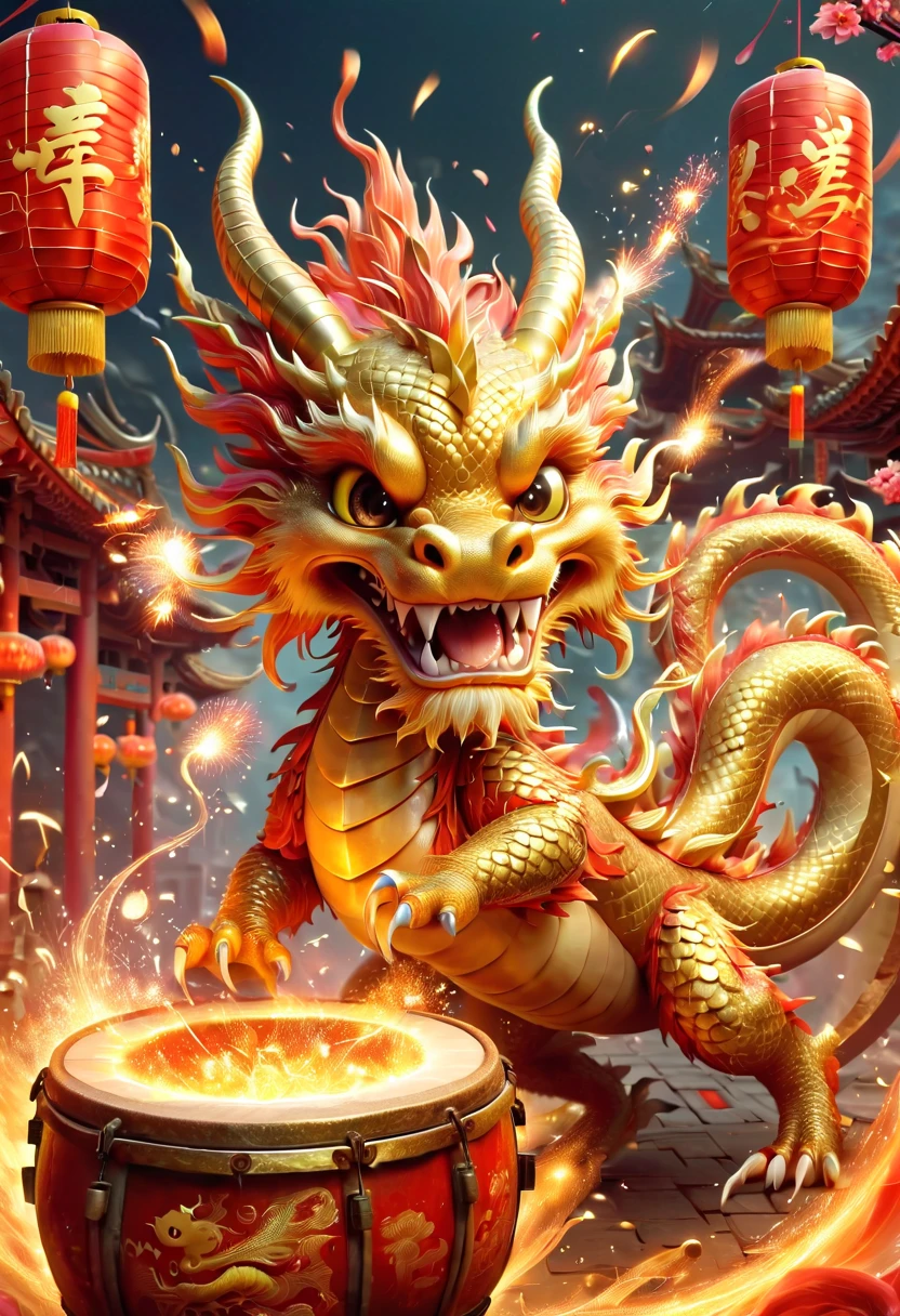 llustrate a single, cute, anthropomorphic Chinese golden dragon using its claws to vigorously play a large drum, which is decorated with the Chinese character \u798f (Fu) for fortune. The background should depict a festive and joyous Chinese New Year atmosphere, complete with traditional Chinese architecture, fireworks, firecrackers, lanterns, and Spring Festival couplets. Focus on the dynamic movement of the golden dragon playing the drums, capturing its joyful and delighted facial expression，卡通片, (皮克斯风格), 日本动画片, (8k, 有趣的, super detail, anatomically correct, award winning, best quality)