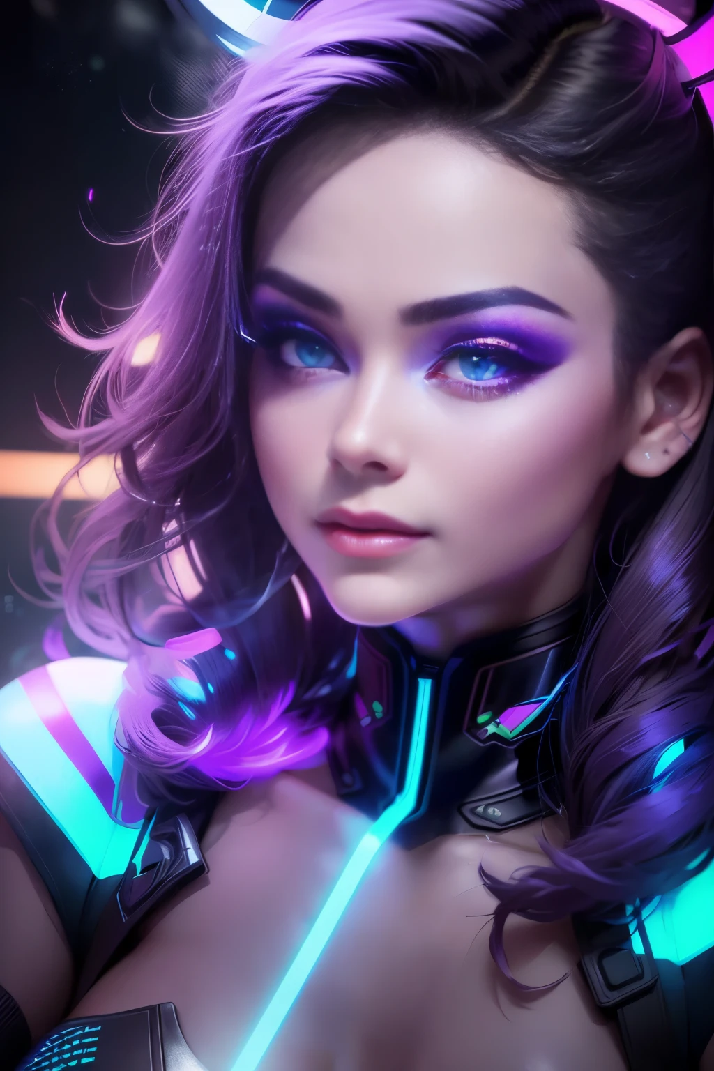 beautiful woman with Engfa's face illuminated by colored lights photorealistic background bright colors Luminous neon violet and neon blue glitter dust background with violet and blue smoke vapor. chromatic aberration lighting. 