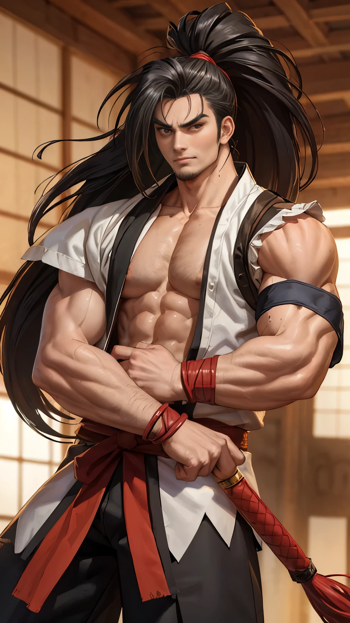 (masterpiece, best quality:1.2), , (depth of field:1.1), Haohmaru, 1guy, long hair, spiked hair, ahoge, dougi, black and white dougi, braceleta, red belt, pants, medium shot, medieval tavern, holding a beer, masterpiece, highness, perfect face, perfect picture, sharp focus,