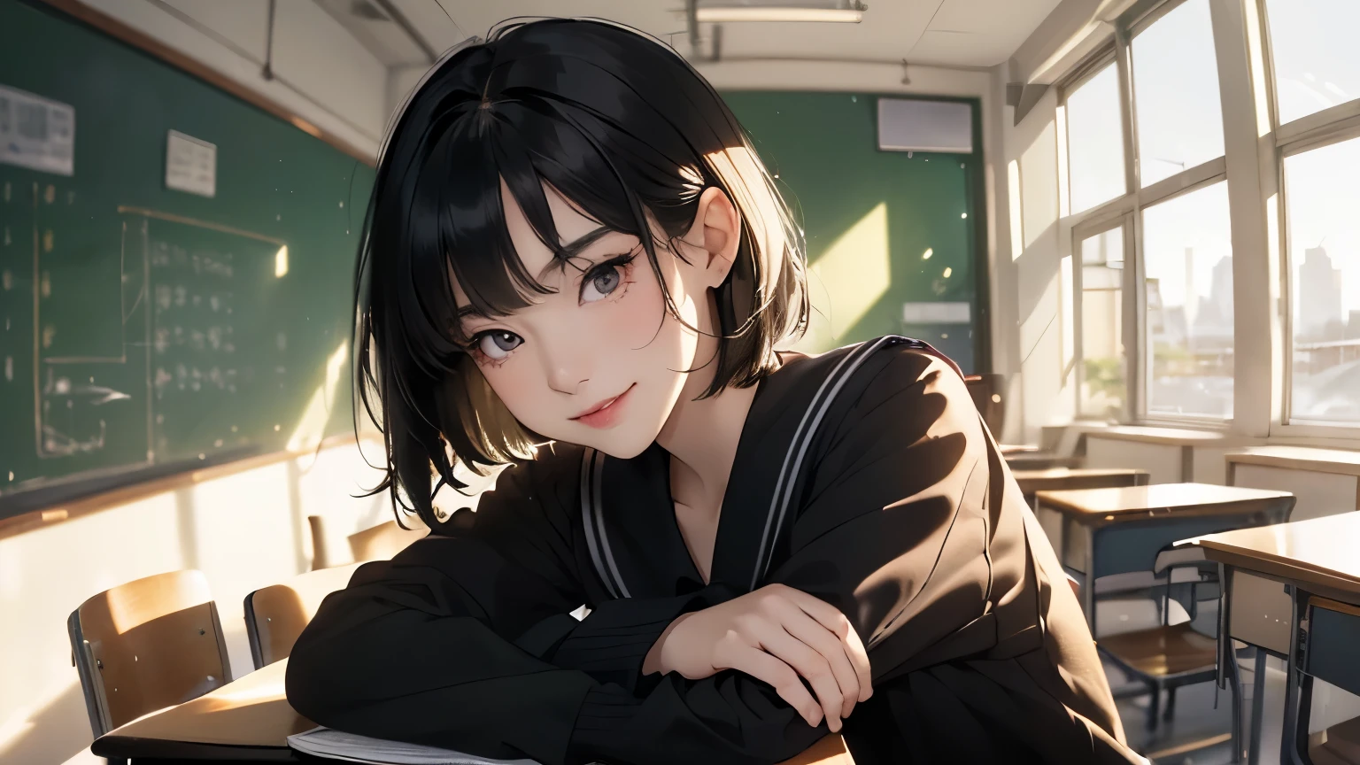 (((Highly detailed CG unit 8k wallpaper:1.2, masterpiece, High resolution:1.2, highest quality:1.2, table top))), ((very beautiful woman, A kind female student at school:1.6)), ((highly detailed face, Highly detailed black eyes, extra detailed body, highest qualityのリアルテクスチャスキン)), (black haired:1.2, Short Bob Hair:1.2, long haired person, white skin, smile), ((Alley without people, Mileland, In the classroom of the school:1.2)), (high angle:1.2, Close-up, Fisheye:1.1), surreal, digital paint,