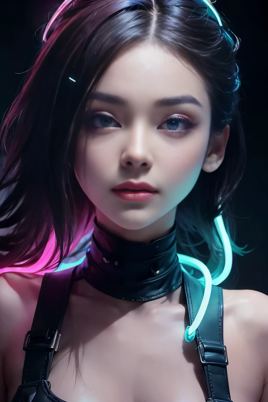 beautiful woman with Engfa's face illuminated by colored lights photorealistic background bright colors Luminous neon violet and neon blue glitter dust background with violet and blue smoke vapor. chromatic aberration lighting.