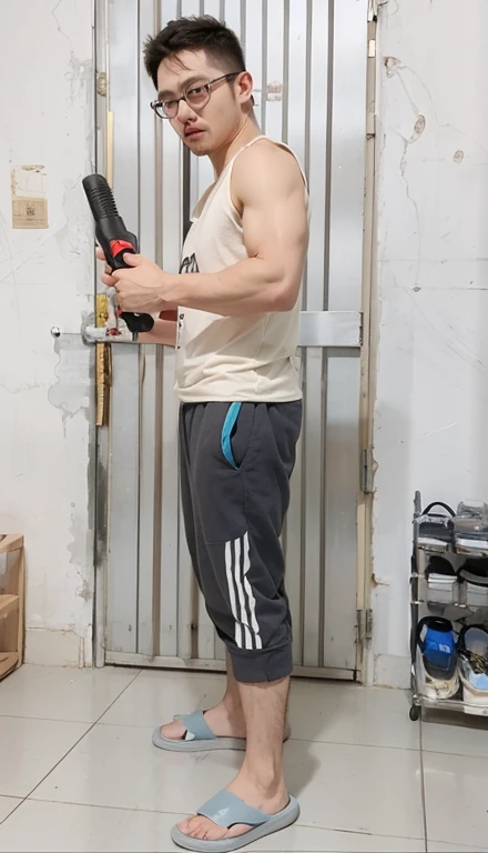 There is a person standing in the room,Holding an armbar,Bending spring arm forcefully,incredibly strong, full-body shot, Strong arms
