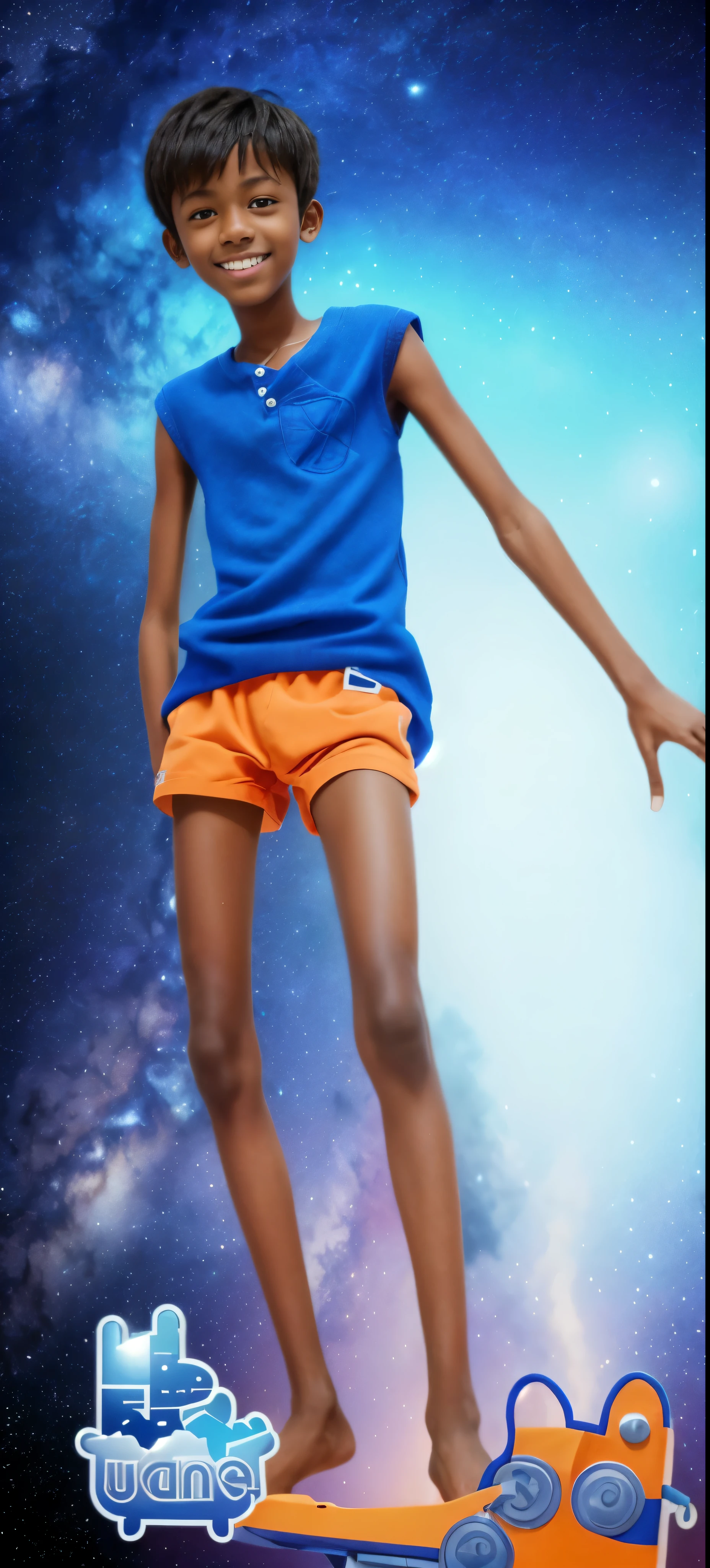 boy,bronzed skin,Orange knit shorts,Blue sleeveless vest,,big eyes,very short hair,Tall and skinny,full-body shot,a junior highl student,Toothy smr blue socks,realistic person,best quality,8k,space background,starry sky,Pluto,neptune,Jupiter,aurora