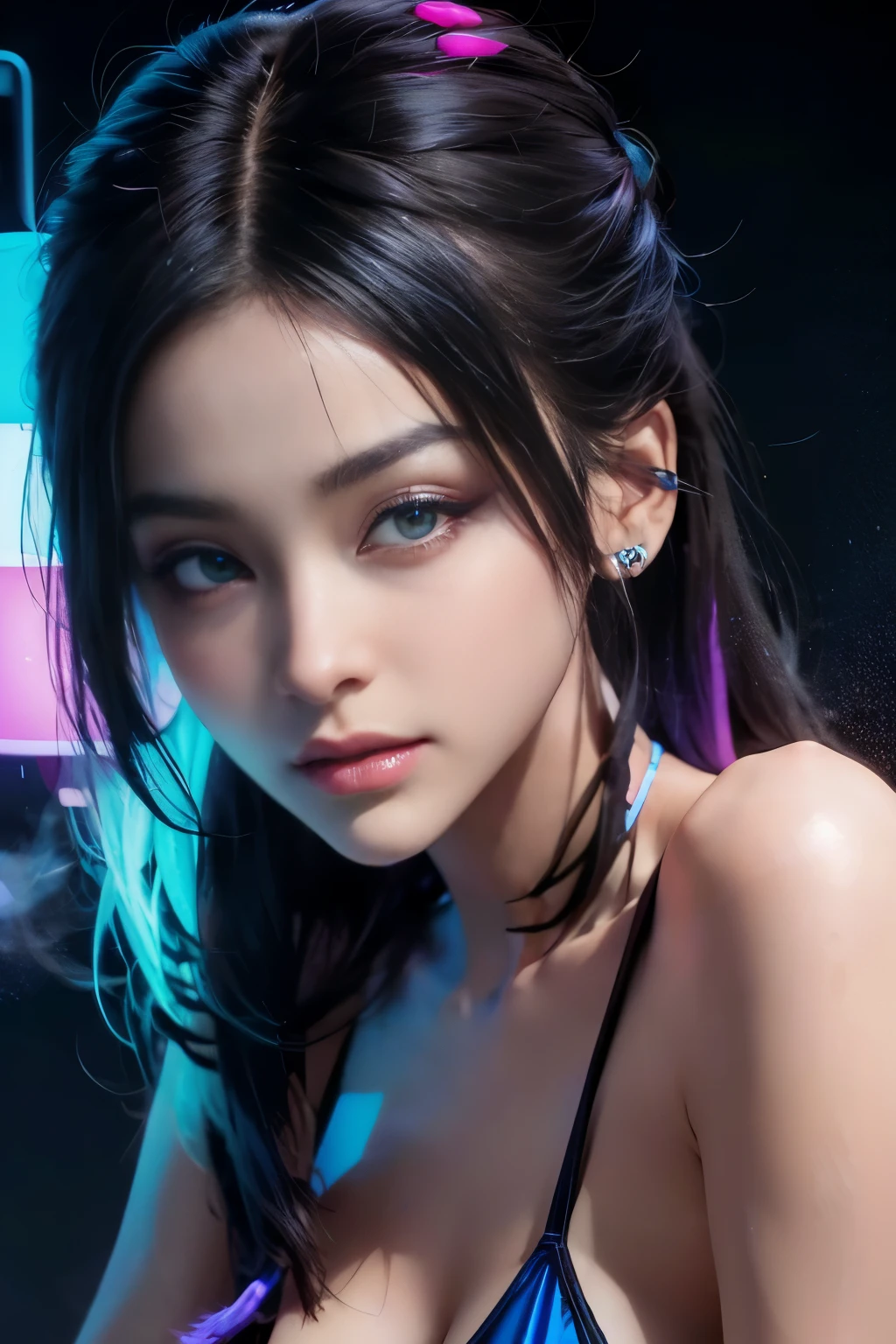 beautiful woman with Engfa's face illuminated by colored lights photorealistic background bright colors Luminous neon violet and neon blue glitter dust background with violet and blue smoke vapor. chromatic aberration lighting. 