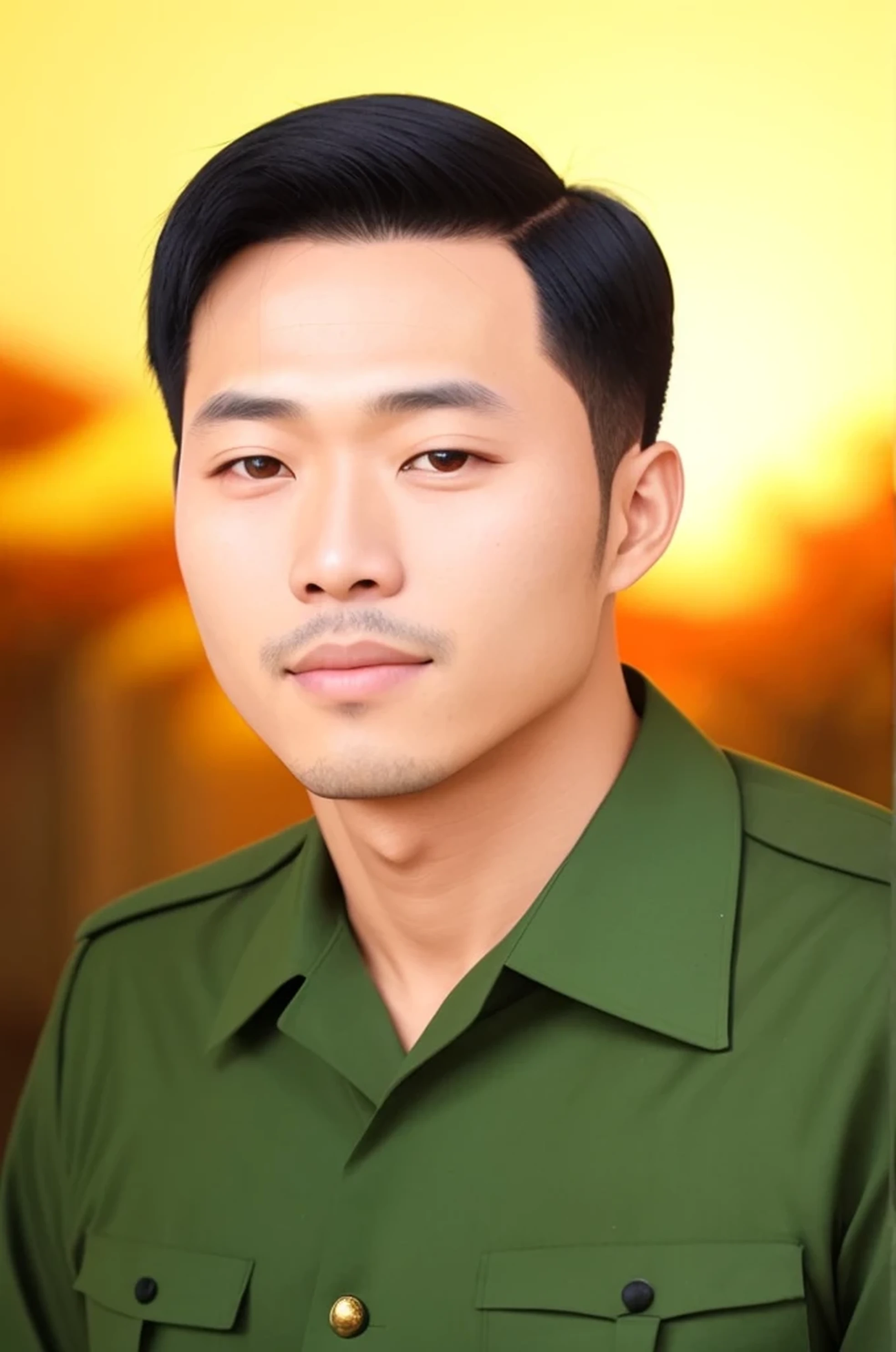 haute qualité, portrait d'un homme asiatique de 25 ans, portant une chemise de l'armée vietnamienne, visage détaillé, Prise de vue cinématographique, éclairage dramatique, (conserver les proportions du visage :1), (racine des cheveux:1),