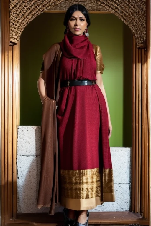 Female, 1920s brown skirt, tan jacket, red scarf, dress, 5 foot 5 inches tall, slim body build, waist-length wavy brunette black hair, EYES bright green, 28 age, ethnicity Indian, ethnicity Middle Eastern.