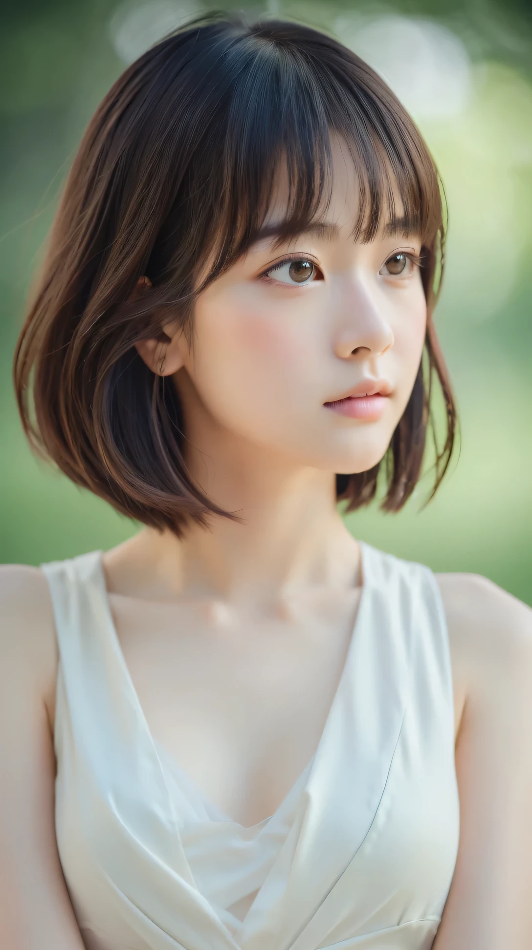 (masterpiece, highest quality, RAW photo, realistic:1.2), 1 girl, look away, sad, beautiful girl, cute, delicate girl, short hair, written boundary depth, High resolution, Super detailed, detailed, 非常にdetailedな目と顔, realistic student, sharp focus, cinematic lighting, Upper body, bangs, Silk Dress Shirt,