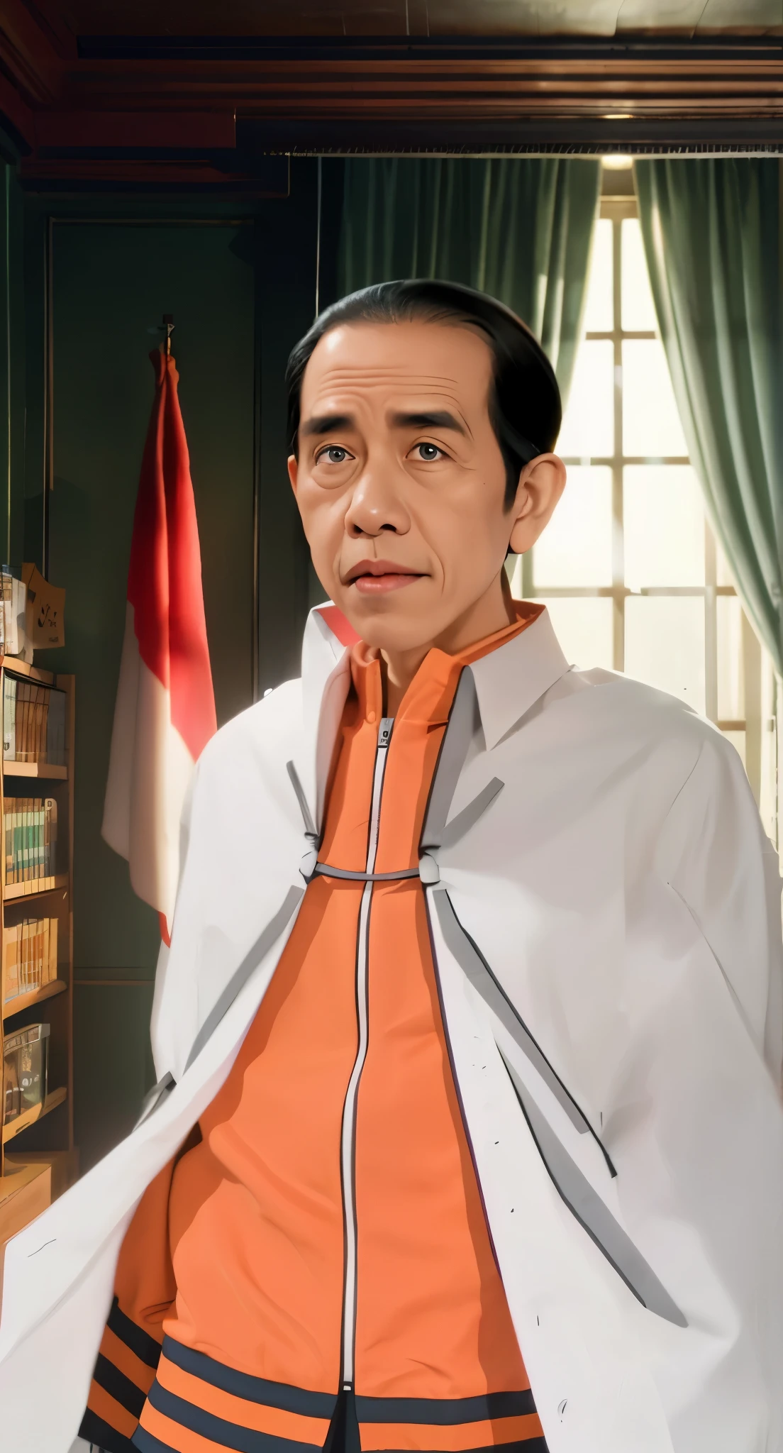 Real life adaption of this character, Jokowi face,wear realistic same outfit, realistic same background,realism, hyper realistic, realistic light, realistic shadow,(photorealistic 1:2)