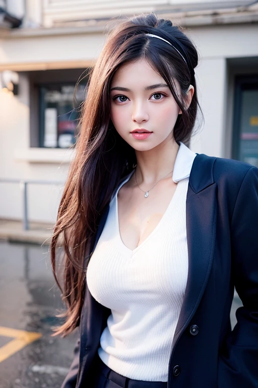 best quality,masterpiece,ultra high res,(photo realistic:1.4),1 girl,medium breasts,big blue eyes,silver hair,black school uniform,cute,young,posing,very long hair,flower,headband,looking at viewers,rain, wet, professional lighting, physically-based rendering,