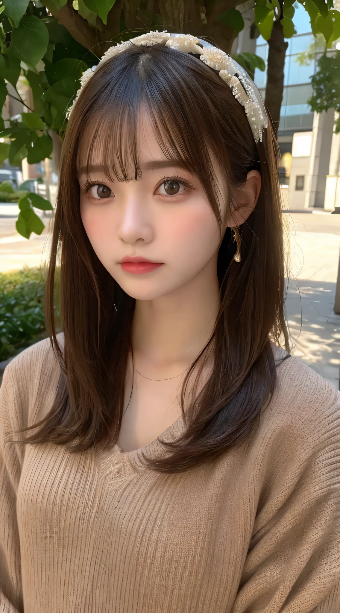 highest quality, shape, Super detailed, finely, High resolution, 8k wallpaper, 完璧なダイナミックな構shape, beautiful and detailed eyes, レディースファッションautumn,medium hair,small breasts natural color lip,,Harajuku、20 year old girl、cute、sexy shot looking at camera、autumn's、Wood Bright、Transparency、Face of sadness、