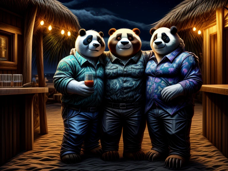 Hyperrealist portrait of three bears: Grizz, Panda and Ice (We bare bears characters, grizzly with fully brown fur, panda with black and white fur, ice bear with fully white fur), in a Hawaiian shirts, wearing long pants, wearing sport sandals, nice detailed feet paws with claws, drinks whiskey, drunk, sleepy, on beach, near beach bar, night, BREAK, hi res, detailed background, 8k hd, (dark shadows, wide dynamic range, hdr, low light:1.2), (Dynamic angles and pose:1.2)