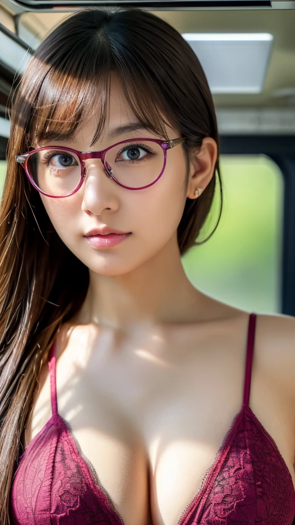 (((muste piece,It&#39;s photorealistic))), (((8K,best quality: 1.4))), ((super detail: 1.4)) , Beautiful woman,Japanese,25 years old,inside the train,Ultra-detailed facial features, Glasses,straight face, detailed texture, Natural Skin Shader, Full body,ultra high resolution,綺麗なJapanese女性,(magenta_bra,best quality),realistic eyes,realistic skin,golden ratio,long hair,1girl,big tits