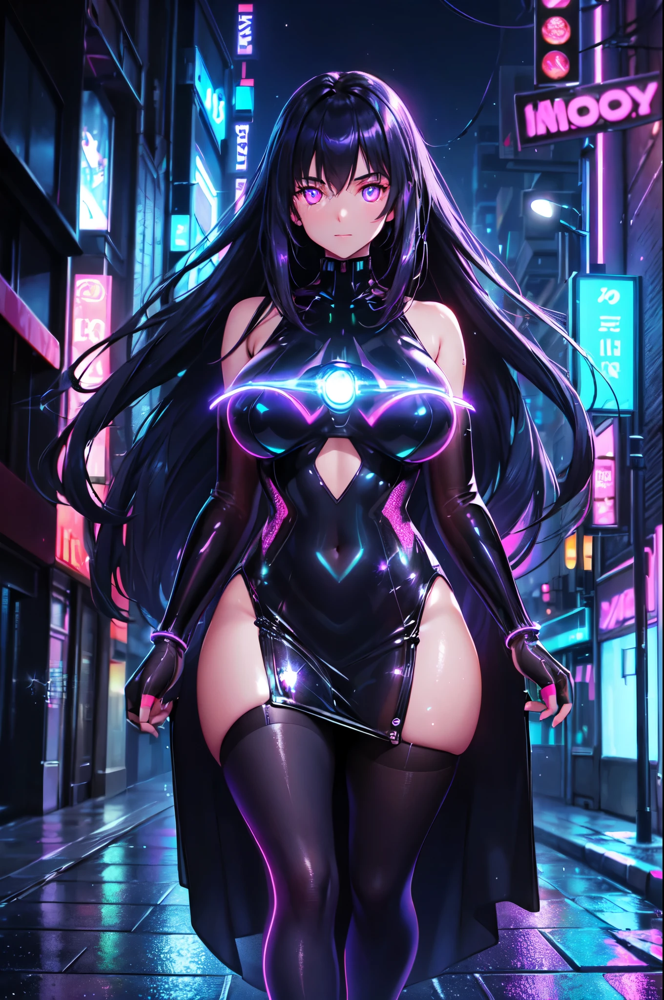 (High quality, High resolution, Fine details), mysterious background, dimly lit alley, sci-fi style, cityscape, nighttime, sparkling city lights, laser beams, neon signs, reflection on wet pavement, (neon, holographic:1.4), stylish outfit, futuristic atmosphere, (transparent dress:1.4), solo, curvy women, purple long hair, BREAK (glowing eyes:1.2), (Detailed eyes:1.2), flawless skin, shallow depth of field, cosmic glow, studio lighting
