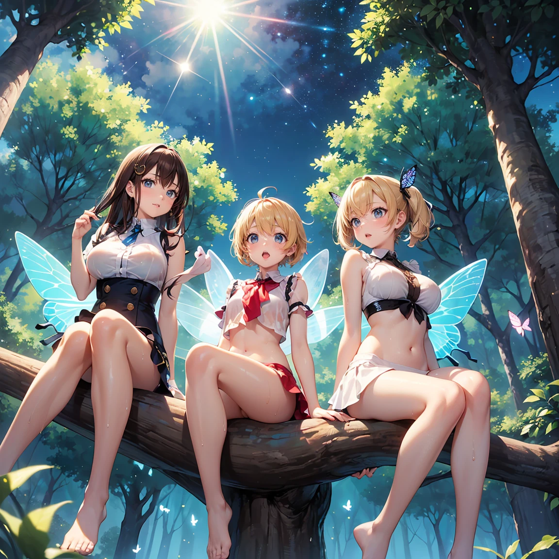((masterpiece)), ((highest quality)), (ultra high resolution,8K),(Ultra high fine mesh,4K), (Highly detailed CG integrated 8k wallpaper), (perfect anatomy,anatomically accurate), (Angle from below), (((Sitting on a branch of a tall treeセクシーな魅力を持つ爆乳三姉妹の妖精))), (((Faithfully reproduced three big-ed sisters fairies))), (Sitting on a branch of a tall tree:1.5), beautiful butterin flight, (Surprised gesture:1.4), ((whole body)), (brown hair +1.2), blonde hair, (short bangs), (dynamic composition), High definition beauty face, (more beautiful blue eyes), (open your mouth), (wet body)), shiny skin, fine skin, thin hair, background, (Butterflieying around a woman), (starry sky), forest, Pillar of Light, moonlight, Sparkling, (midnight, darkness), Shining six-pointed star