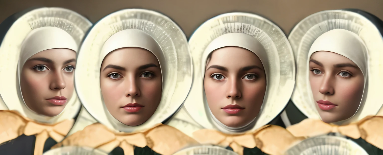 a close-up of a woman with several different photos of her face, two hovering twin nuns, pintura digital renascentista, Mary Jane Ansell, rostos uhd ultrarrealistas, powder László Balogh, levitating twin nuns, rostos fotorrealistas, beautiful highly symmetric faces, cute sci-fi twins, pele branca e olhos reflexivos