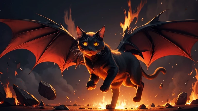 Demonic chimera cat with demon wings in hell