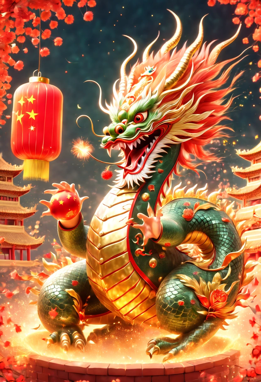 llustrate a single, cute, anthropomorphic Chinese golden dragon using its claws to vigorously play a large drum, which is decorated with the Chinese character \u798f (Fu) for fortune. The background should depict a festive and joyous Chinese New Year atmosphere, complete with traditional Chinese architecture, fireworks, firecrackers, lanterns, and Spring Festival couplets. Focus on the dynamic movement of the golden dragon playing the drums, capturing its joyful and delighted facial expression，卡通片, (皮克斯风格), 日本动画片, (8k, 有趣的, super detail, anatomically correct, award winning, best quality)，((可爱的中国龙，没有翅膀:2.0))