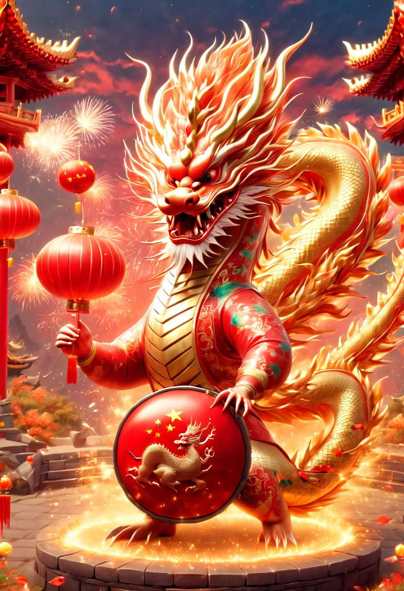 llustrate a single, cute, anthropomorphic Chinese golden dragon using its claws to vigorously play a large drum, which is decorated with the Chinese character \u798f (Fu) for fortune. The background should depict a festive and joyous Chinese New Year atmosphere, complete with traditional Chinese architecture, fireworks, firecrackers, lanterns, and Spring Festival couplets. Focus on the dynamic movement of the golden dragon playing the drums, capturing its joyful and delighted facial expression，卡通片, (皮克斯风格), 日本动画片, (8k, 有趣的, super detail, anatomically correct, award winning, best quality)，((可爱的中国龙，没有翅膀:2.0))