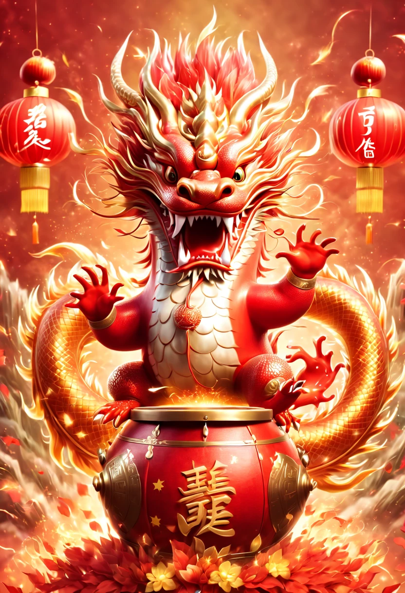 llustrate a single, cute, anthropomorphic Chinese golden dragon using its claws to vigorously play a large drum, which is decorated with the Chinese character \u798f (Fu) for fortune. The background should depict a festive and joyous Chinese New Year atmosphere, complete with traditional Chinese architecture, fireworks, firecrackers, lanterns, and Spring Festival couplets. Focus on the dynamic movement of the golden dragon playing the drums, capturing its joyful and delighted facial expression，卡通片, (皮克斯风格), 日本动画片, (8k, 有趣的, super detail, anatomically correct, award winning, best quality)，((可爱的中国龙，没有翅膀:2.0))