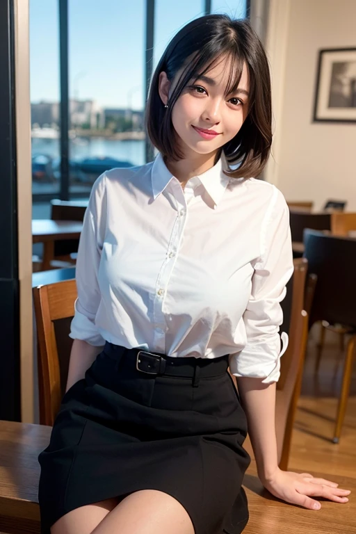 (8k, RAW photo, best quality, masterpiece:1.2), (realistic, photo-realistic:1.37), ultra-detailed, depth of field, 1 girl,cute, solo,beautiful detailed sky, detailed cafe, morning, sitting, dating, (nose blush), (smile:1.1), (closed mouth), medium breasts, beautiful detailed eyes, (collared shirt:1.1), bowtie, pleated skirt, (short hair:1.2), floating hair