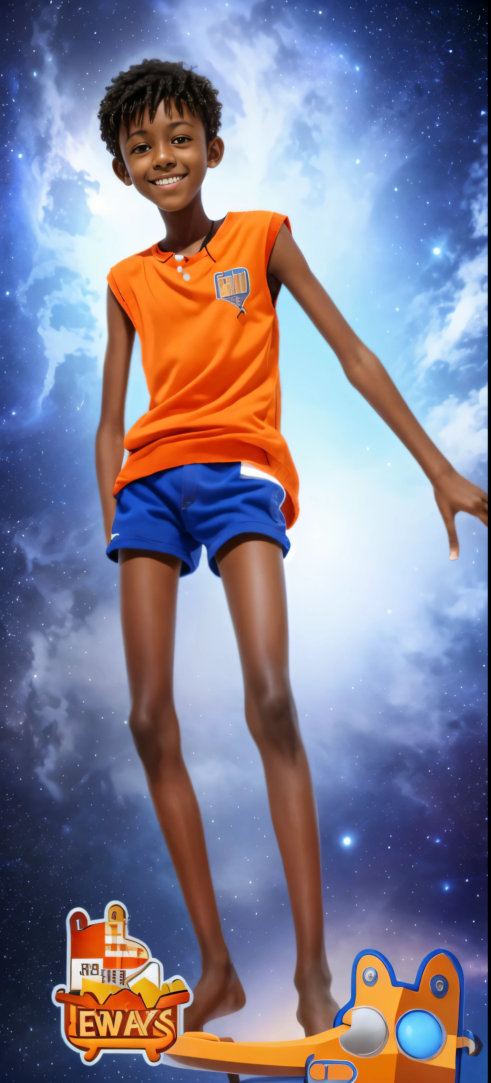 15 year old boy,bronzed skin,Orange knit shorts,Blue sleeveless vest,,big eyes,very short hair,Tall and skinny,full-body shot,a junior high school student,Toothy smile,Wear blue socks,realistic person,best quality,8k,space background,starry sky,Pluto,neptune,Jupiter,aurora