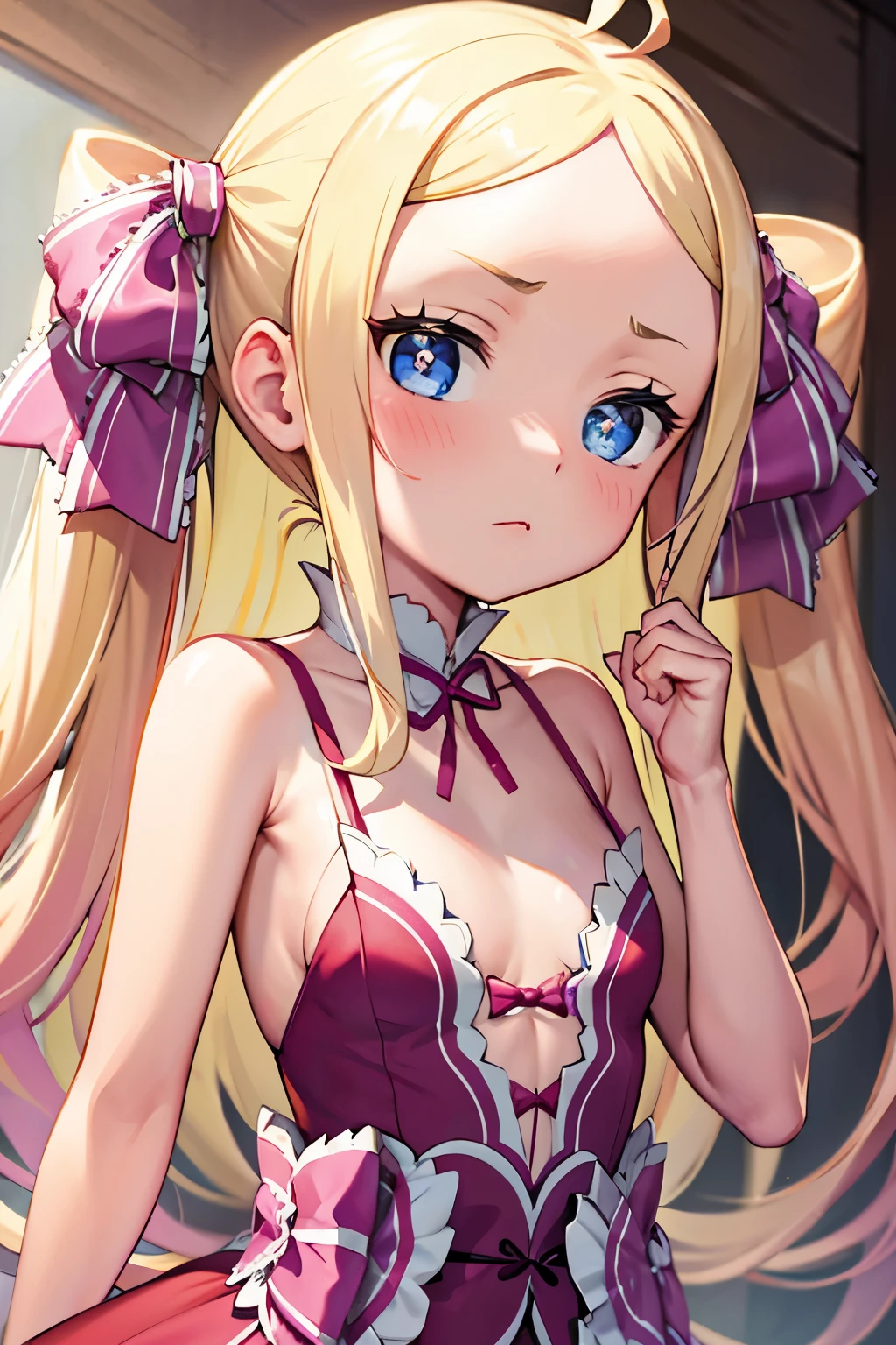 1 girl, wearing lace lingerie, sexy lingerie, thin waist, Beatrice re: zero, small breasts, delicate face, no smile, blonde hair