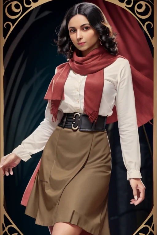 Female, 1920s brown skirt, tan jacket, red scarf, dress, 5 foot 5 inches tall, slim body build, waist-length wavy brunette black hair, EYES bright green, 28 age, ethnicity Indian, ethnicity Middle Eastern.